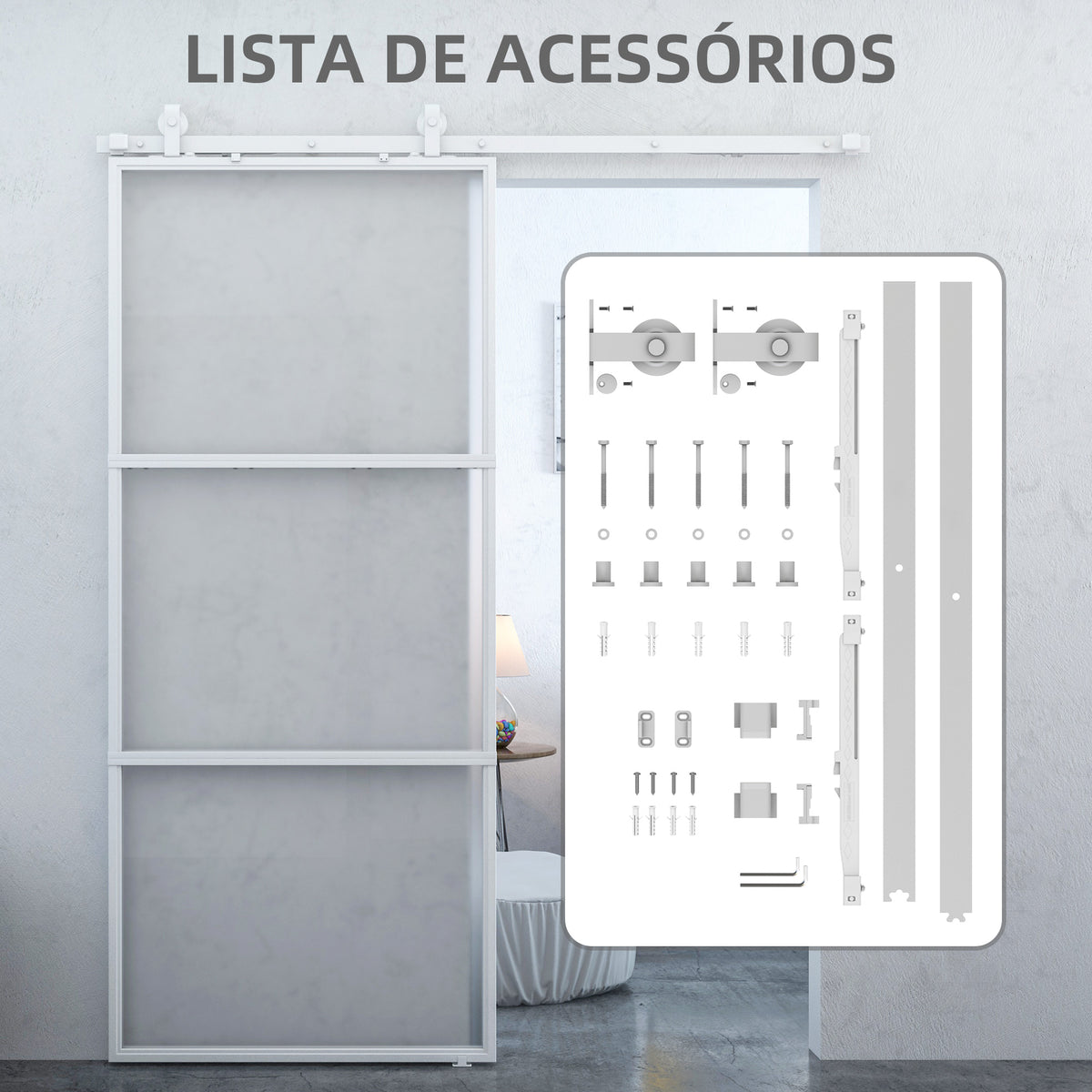 Porta de Correr com Acessórios Porta de Correr de Vidro com Mecanismo de Fecho Suave para Casa de Banho Sala de Estar Cozinha 91,4x203,2 cm Branco — foto 7