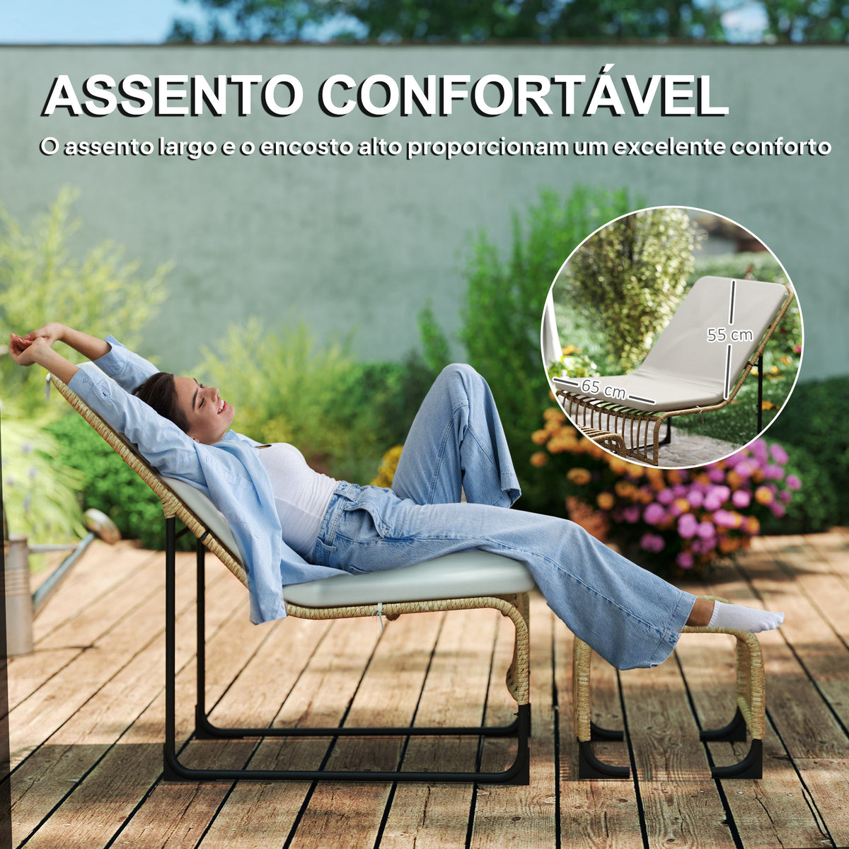 Conjunto de Poltrona de Jardim com Apoio para os Pés de Vime Sintético Poltrona para Exterior com Almofada Acolchoada e Estrutura de Aço 65x93x80 cm Madeira e Bege — foto 5