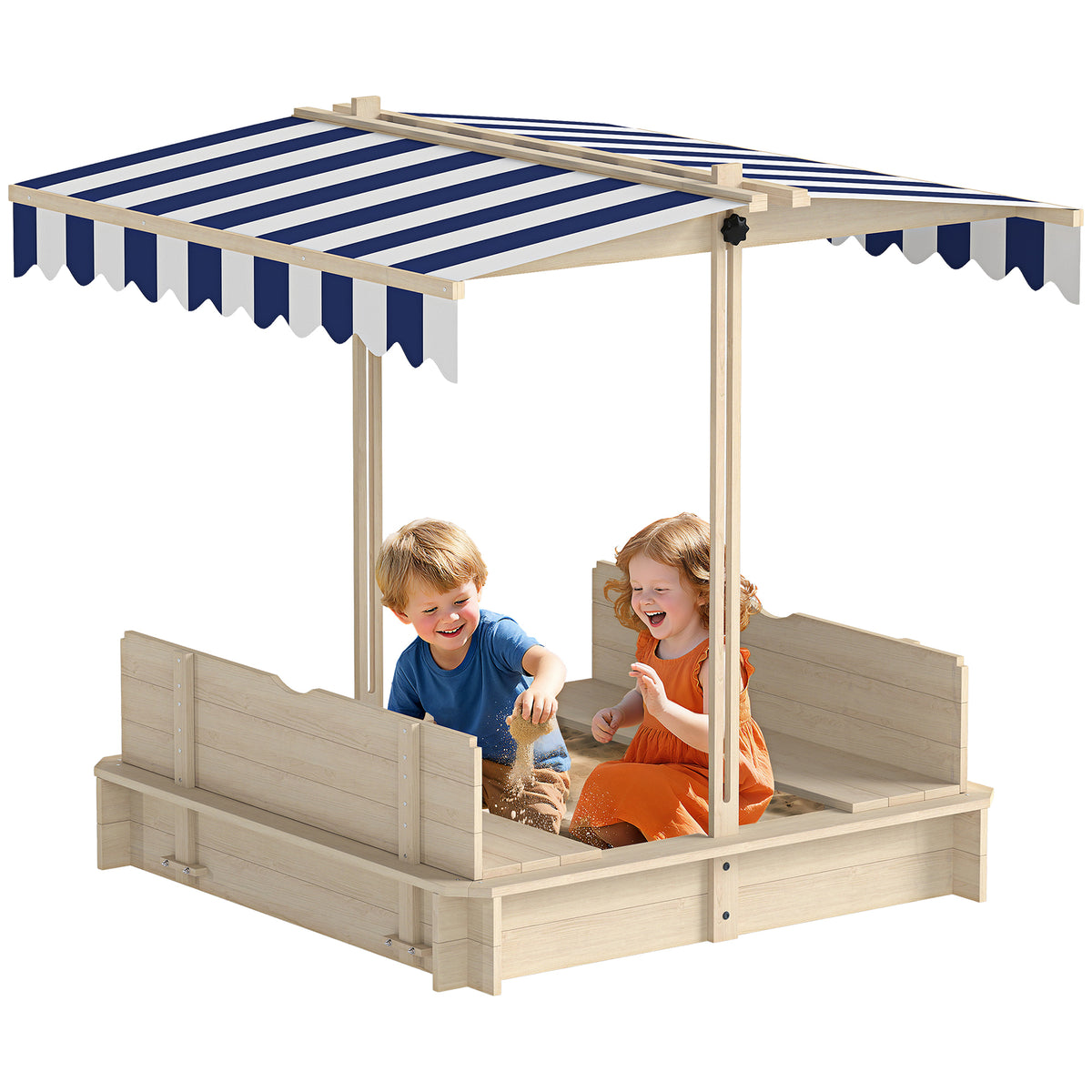 Caixa de Areia de Madeira para Crianças acima de 3 Anos com Banco Toldo Ajustável Removível 106x106x121cm Carga 50kg Madeira — foto 1