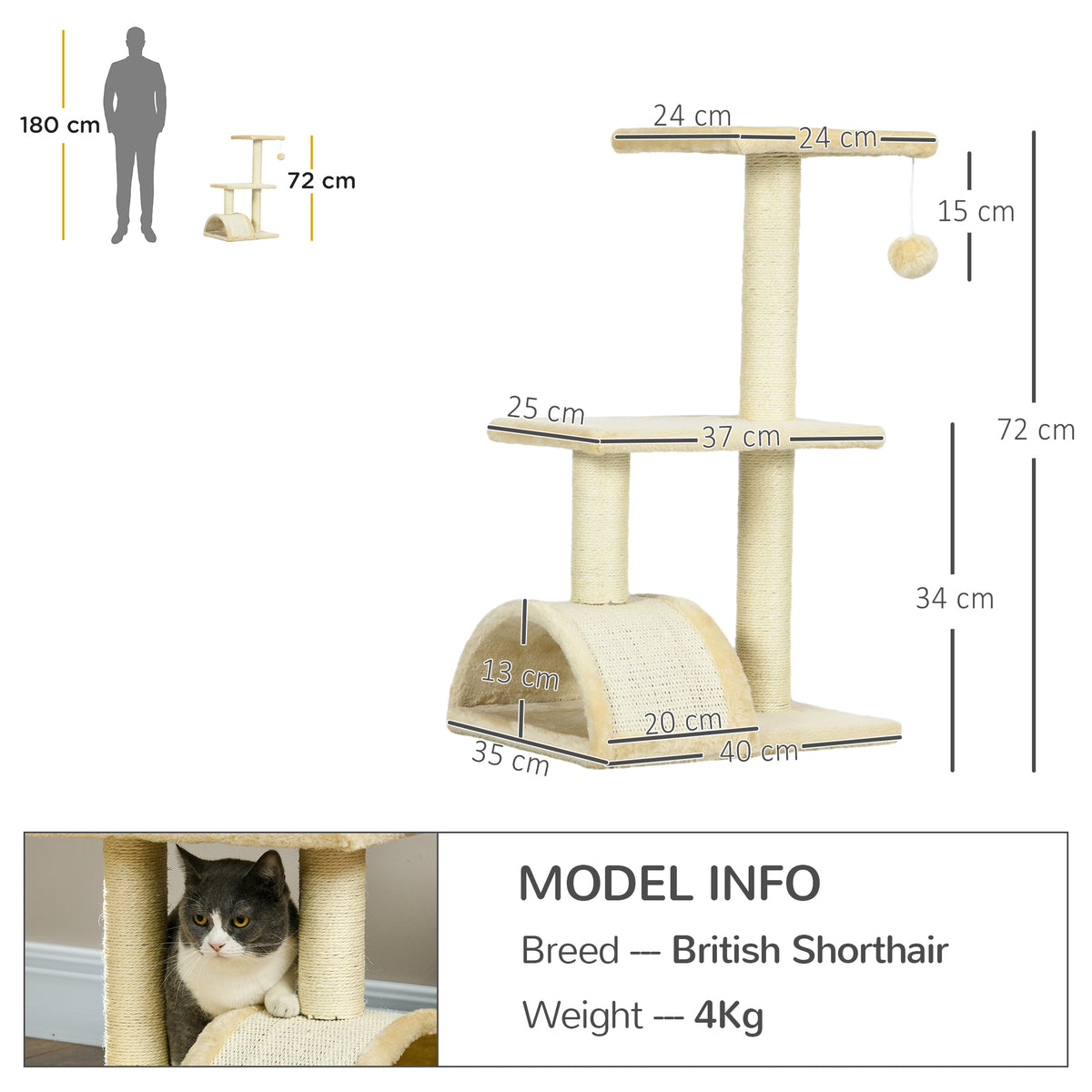 Arranhador para Gatos Médio Arranhador para Gatos de 3 Níveis Torre para Gatos com Postes de Sisal Placa para Arranhar e Bola Suspensa Creme — foto 3