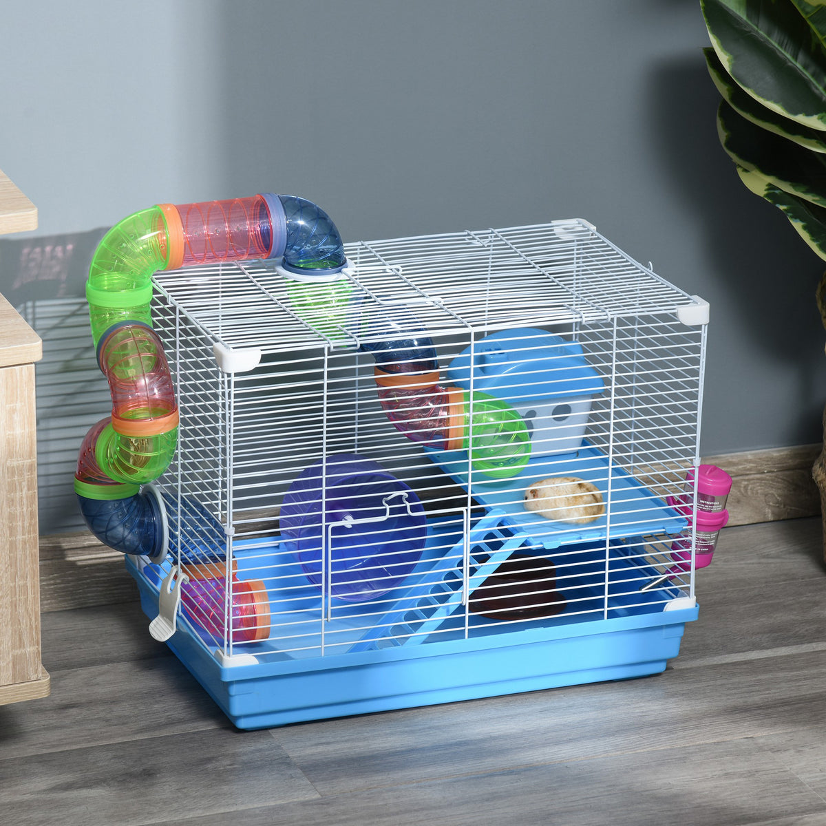 Gaiola para Hamster, Casa para Hamster com Túnel, Comedouro, Bebedouro, Casinha, Rampa, Roda de Exercício, Plataforma e Alça, Bandeja Removível, para Ratos e Gerbos, 46x30x37 cm, Azul — foto 2