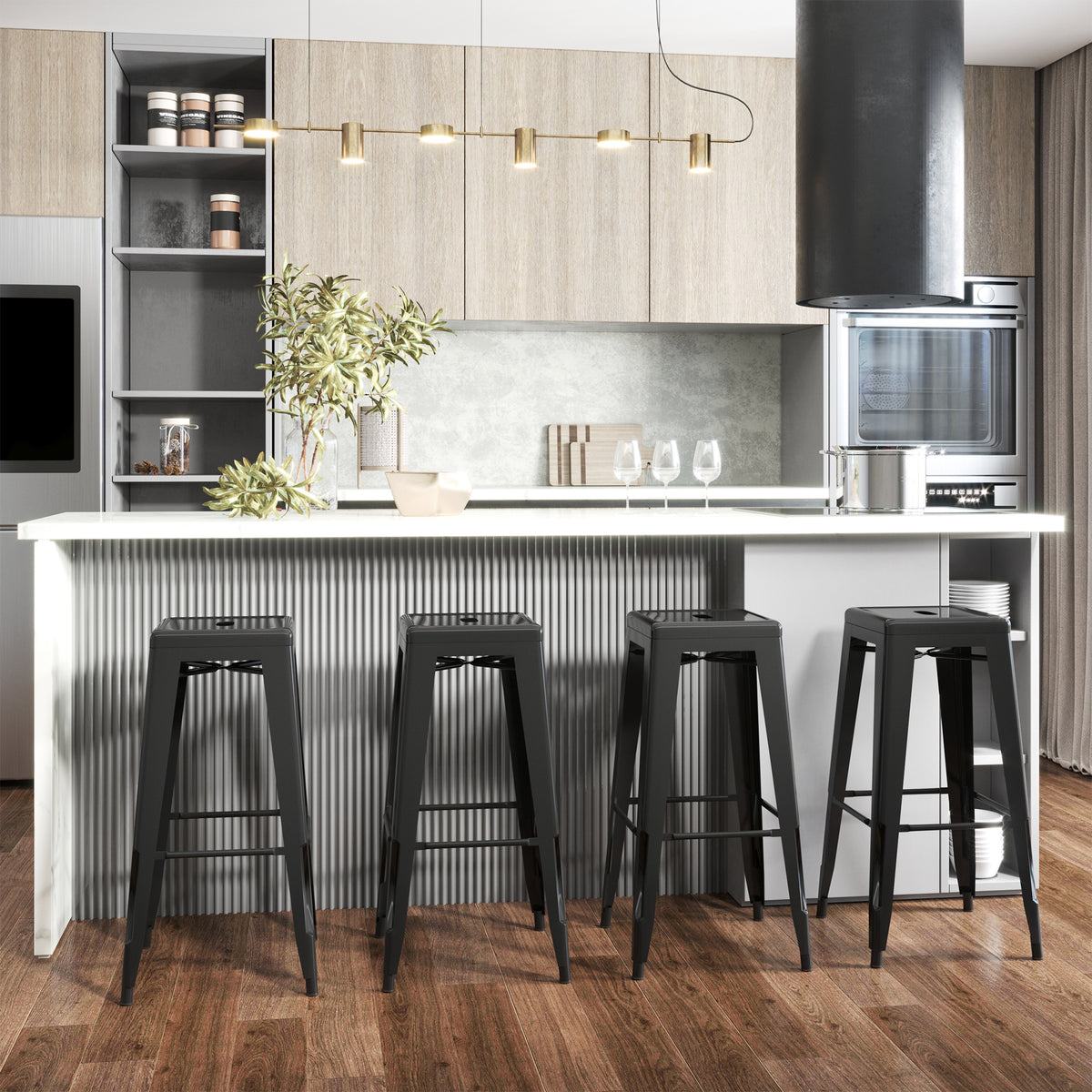 Conjunto de 4 Bancos de Bar Empilháveis Estilo Industrial com Apoios para Pés, Adequados para Interiores e Exteriores 43x43x76 cm Carga até 120 kg Cor Preto — foto 2