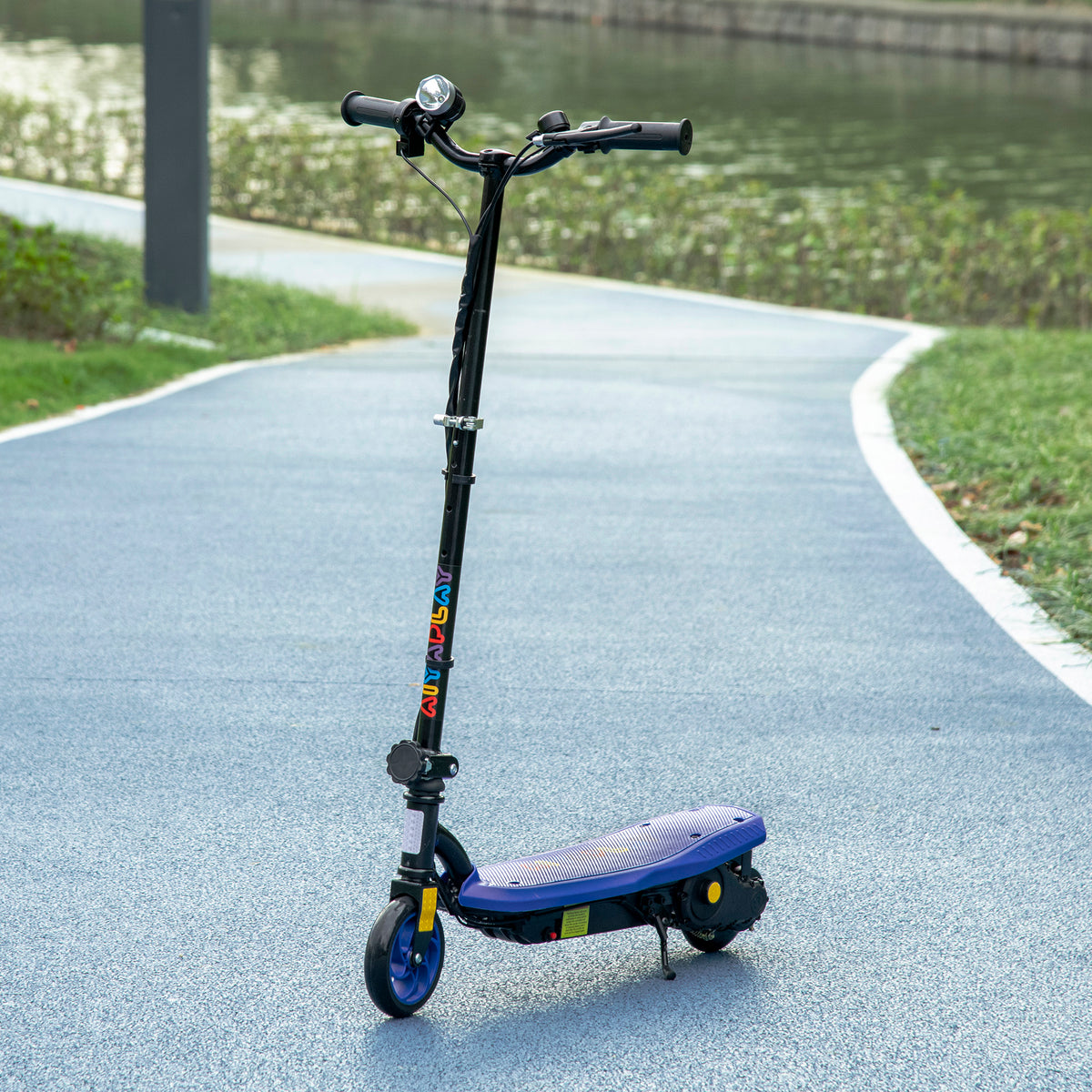 Trotinete Elétrica para Crianças de 7-14 Anos Dobrável Trotinete Elétrica Velocidade Máx. 12 km/h Motor 120 W Autonomia Máxima 10 km com Guiador Ajustável em Altura Farol LED e Travão 75x48x93-105 cm Azul — foto 2