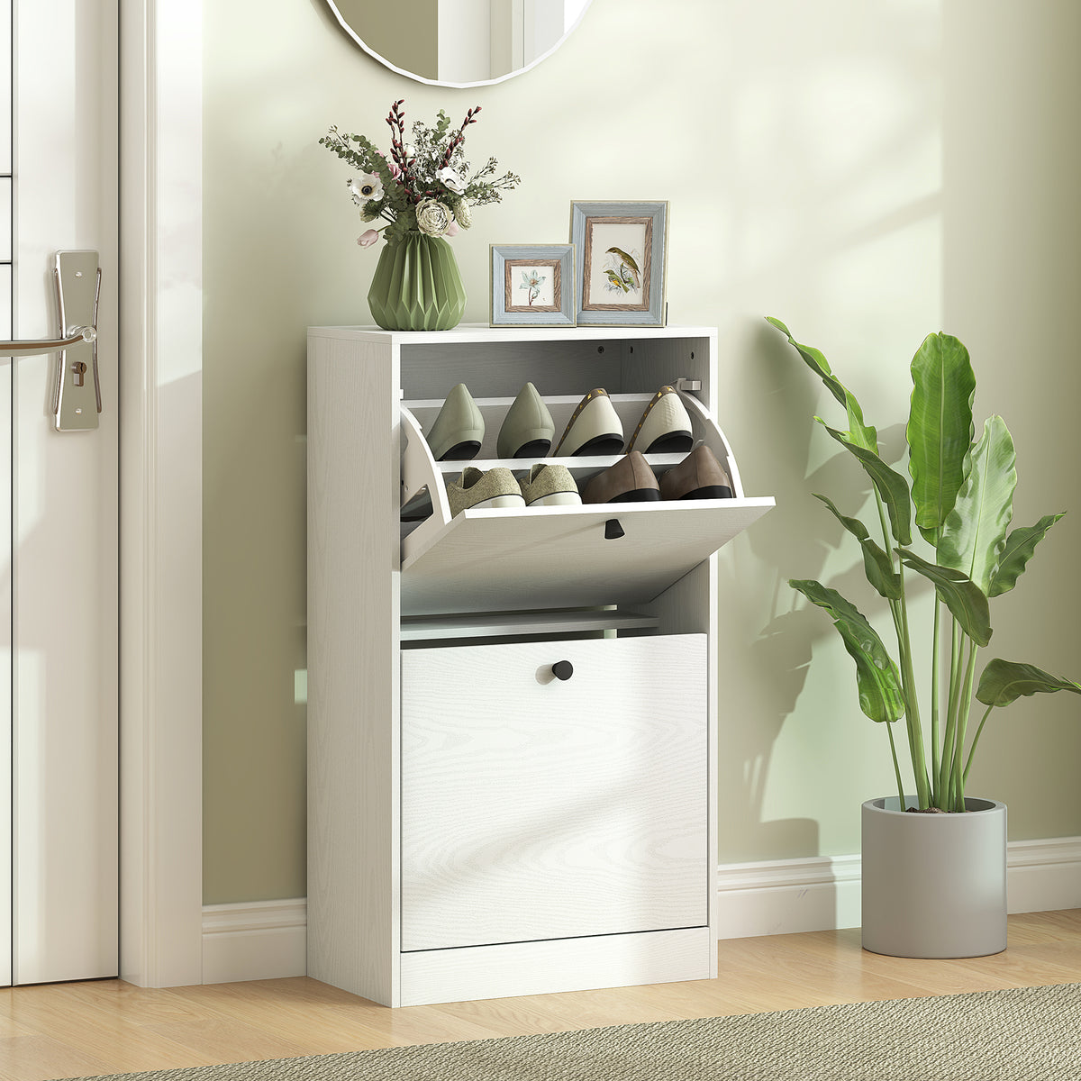 Sapateira Estreita Móvel Sapateira de Entrada com 2 Gavetas Abatíveis e Prateleiras Ajustáveis para 8 Pares de Sapatos Armário para Sapatos para Corredor 47x26x85 cm Branco — foto 2