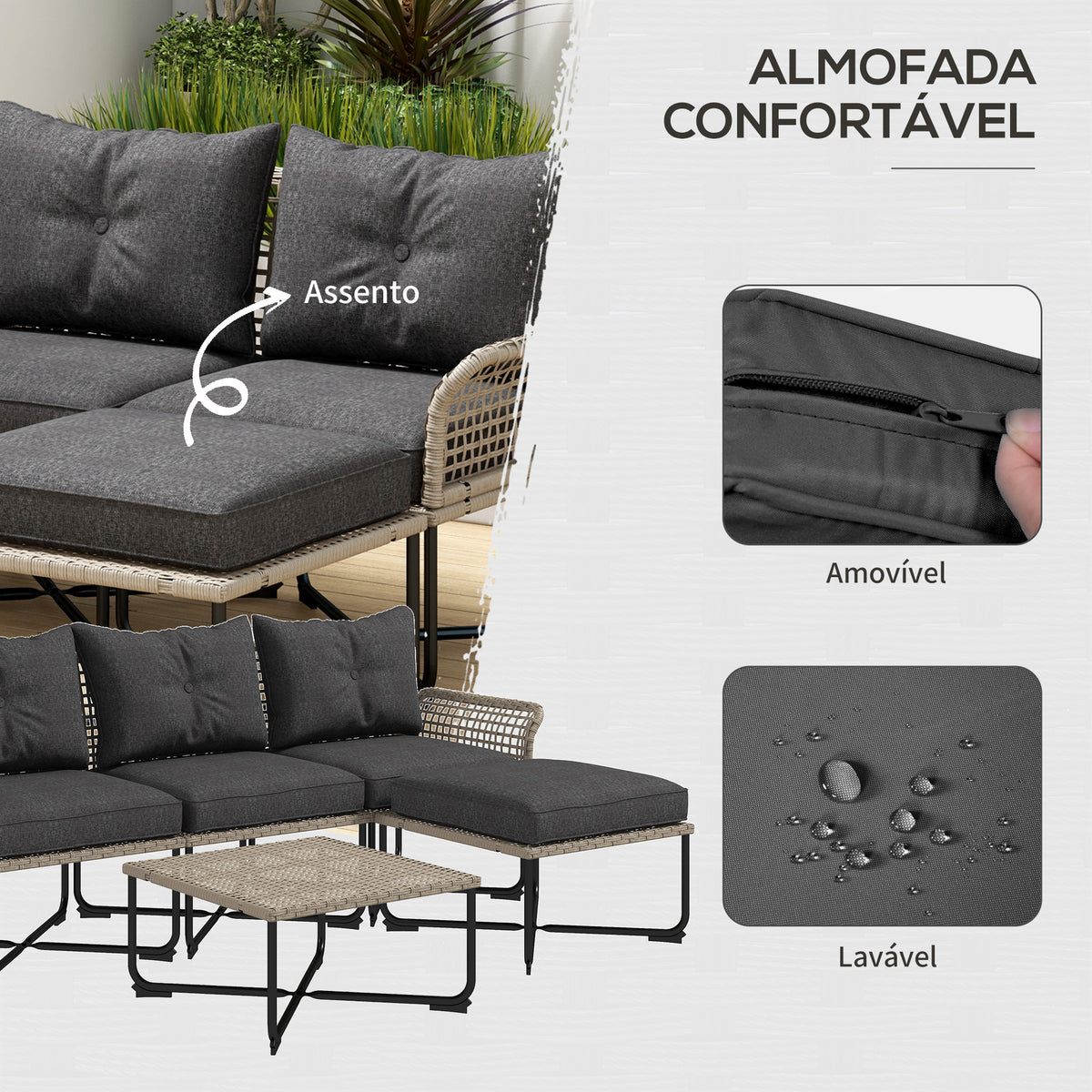 Conjunto de Jardim em Vime Sintético Conjunto de Móveis de Exterior com Sofá de 4 Módulos 1 Mesa de Centro e Almofadas Cinza — foto 5
