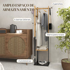 Cabide de Pé de Bambu com 2 Prateleiras 2 Ganchos 5 Barras Cabide de Entrada com Estrutura de Aço para Pendurar Roupa no Corredor Sala de Estar Quarto 46x28,5x153,5 cm Madeira e Preto — foto 4