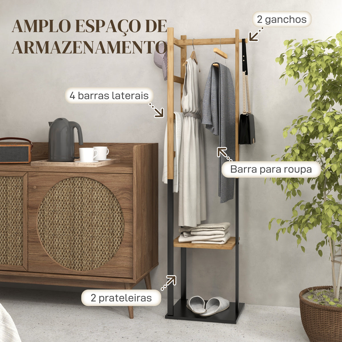 Cabide de Pé de Bambu com 2 Prateleiras 2 Ganchos 5 Barras Cabide de Entrada com Estrutura de Aço para Pendurar Roupa no Corredor Sala de Estar Quarto 46x28,5x153,5 cm Madeira e Preto — foto 4
