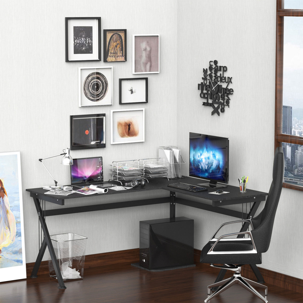 Secretária de PC Computador tipo Secretária para Gabinete - Cor: Preto - MDF E1 e Ferro Revestido a Pó - 155 x 130 x 76 cm — foto 2
