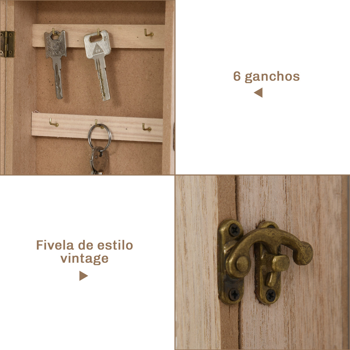 Armário para Chaves de Parede Armário de Madeira para Chaves com 6 Ganchos Estilo Vintage 20x6,5x26,5cm Madeira — foto 5