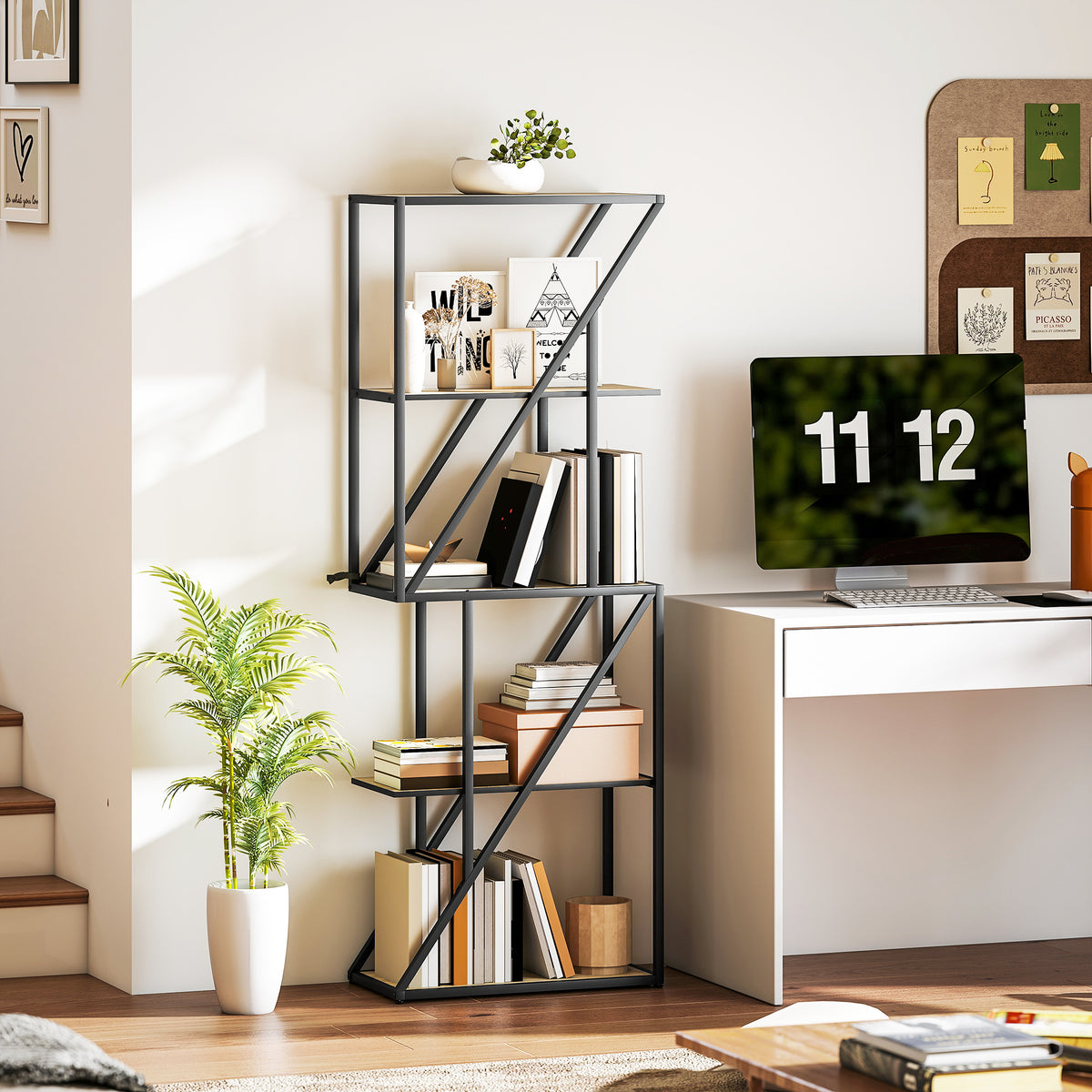 Estante de 5 Níveis Estante para Livros Estilo Industrial com Prateleiras Abertas e Estrutura de Aço para Sala de Estar Quarto e Escritório 60x30x165 cm Madeira e Preto — foto 2