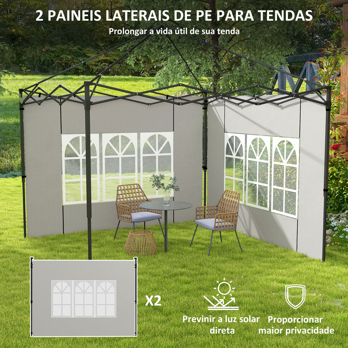Conjunto de 2 Paredes Laterais para Tendas de 3x3m e 3x6m Paredes Laterais para Tendas com Janelas Transparentes 293x193cm Branco — foto 4
