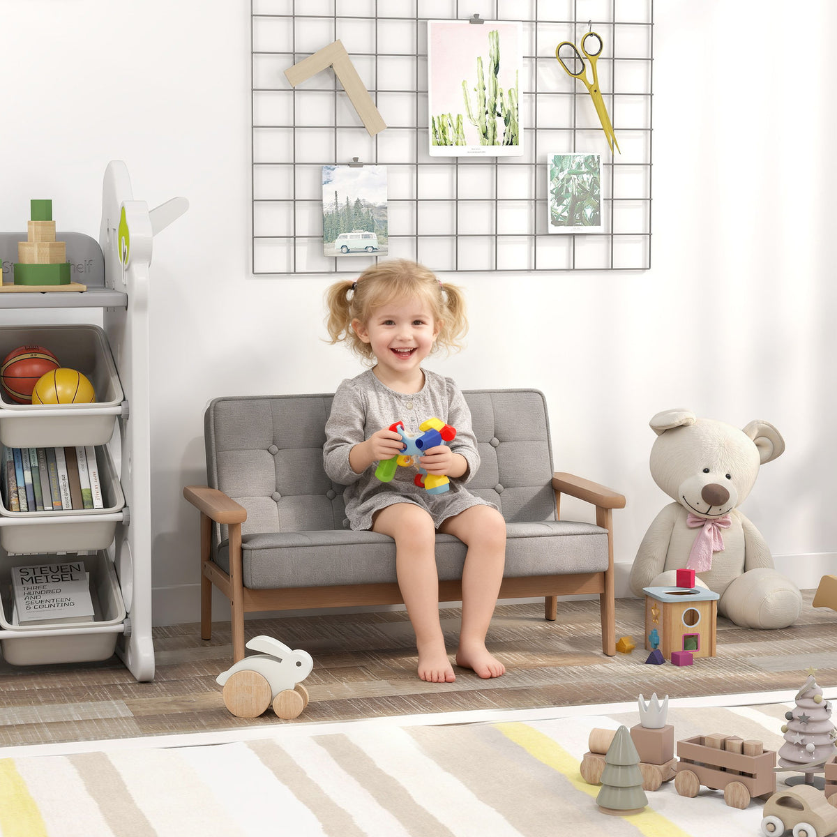 Sofá para Crianças de 2 Lugares Poltrona Infantil de Pelúcia Macia com Estrutura de Madeira Assento e Encosto Acolchoados Apoio de Braços para Crianças a partir de 3 Anos 77x42x48 cm Cinzento — foto 2
