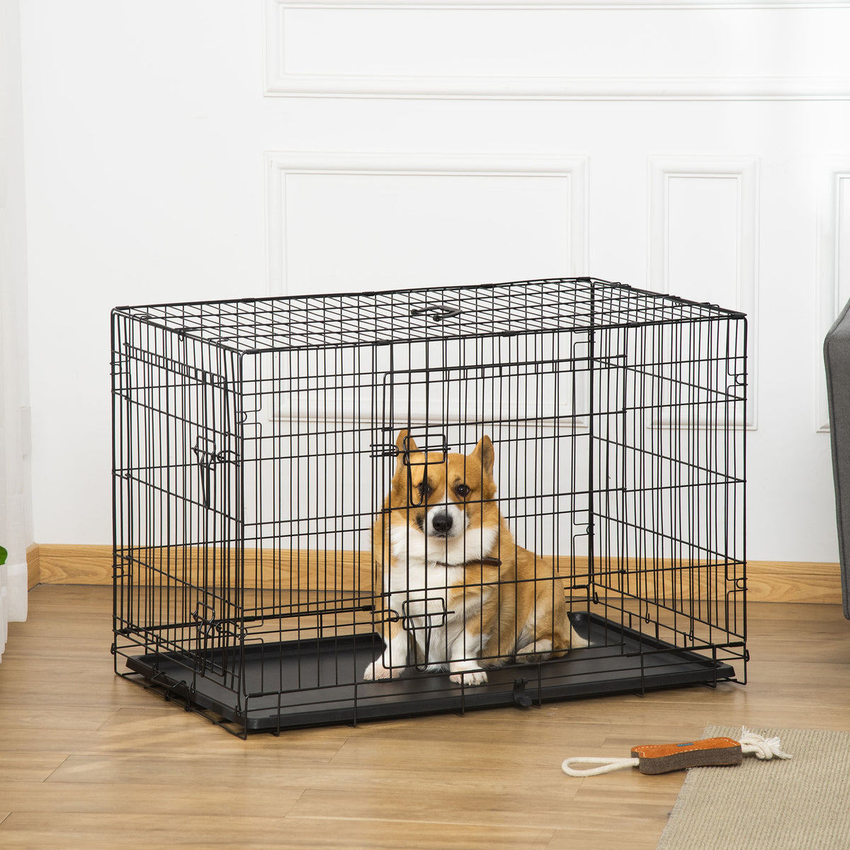 Jaula Dobrável para Cães de Médio e Grande Porte com 2 Portas, Tabuleiro Removível, Pega e Estrutura de Aço 90x57,5x62 cm Preta — foto 2