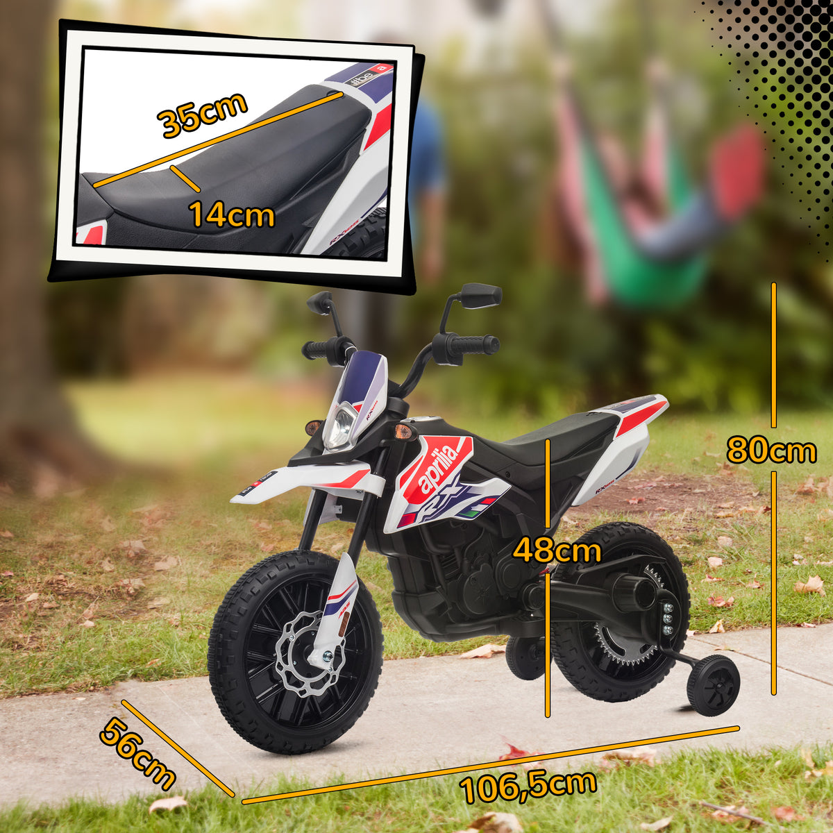 Mota Elétrica Infantil com Licença Oficial Aprilia 12V 25W Rodas de Apoio Removíveis Farol Música Porta USB e Amortecedor Traseiro Branco — foto 3