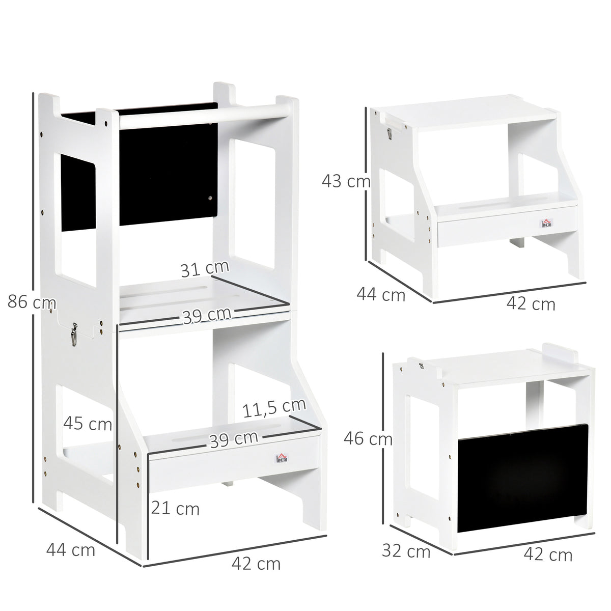 Torre de Aprendizagem para Crianças 3-6 Anos de Madeira Torre de Aprendizagem Infantil Convertível em Secretária com Ardósia e Barra de Segurança para Casa de Banho Cozinha 42x44x86cm Branco — foto 3