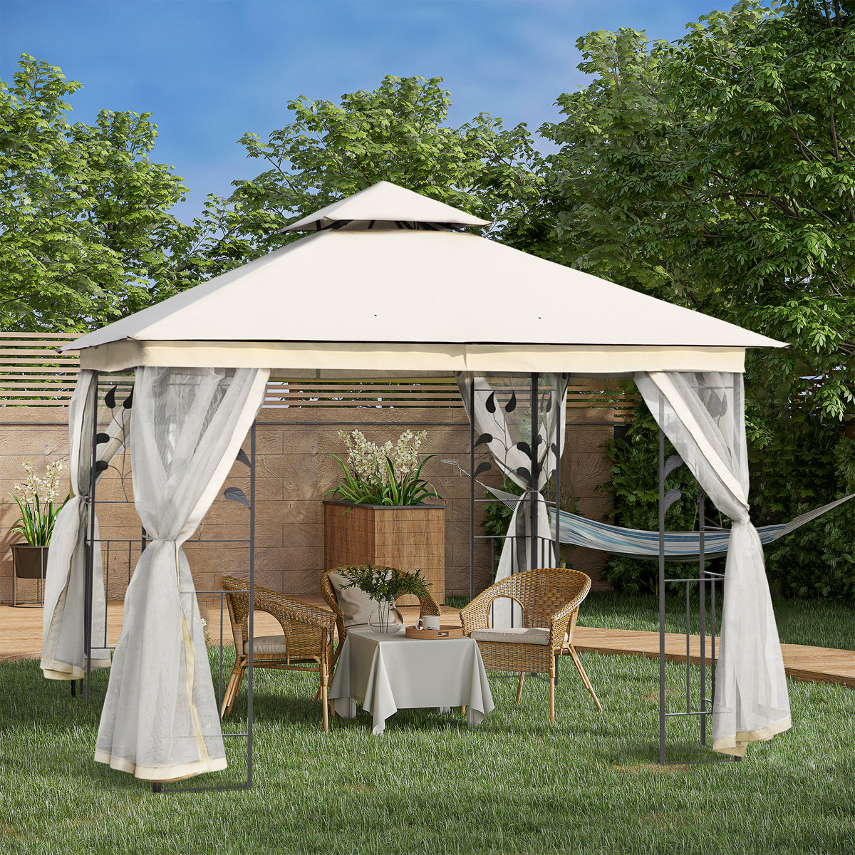 Pérgola de Jardim 300x300x280 cm Pérgola de Exterior com Teto Duplo Mosquiteira e Orifícios de Drenagem Branco — foto 2