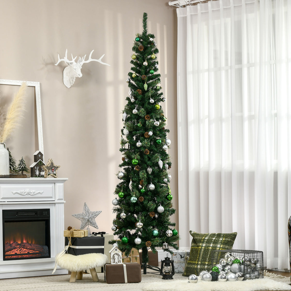 Árvore de Natal Artificial 225 cm Árvore de Natal com 706 Ramos Árvore de Natal Estreita Slim com 56 Pinhas Base Dobrável Ø58x225 cm Verde — foto 2