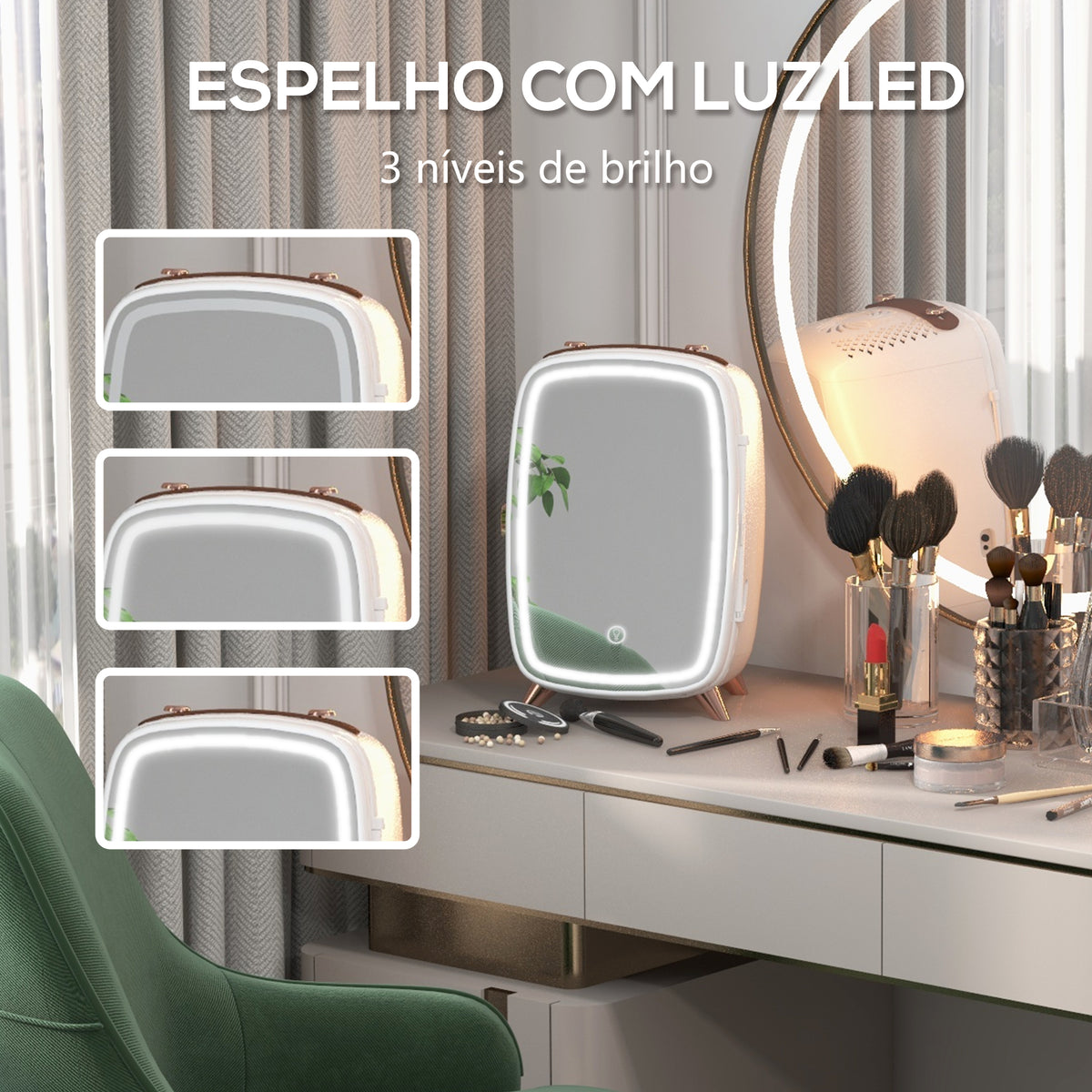 Mini Frigorífico de Cosméticos 6L Frigorífico de 9V com Porta com Espelho e Luz LED Ajustável em 3 Níveis para Beleza Maquilhagem Bebidas 24,3x19,4x35,6 cm Branco — foto 5