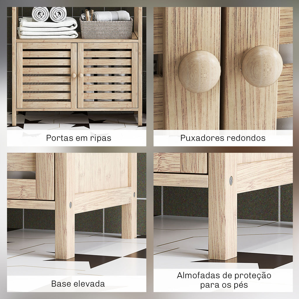 Estante para Casa de Banho de Bambu com 3 Prateleiras Abertas Estante de Arrumação Casa de Banho com Portas Ripadas 63x30x138 cm Madeira e Branco — foto 6