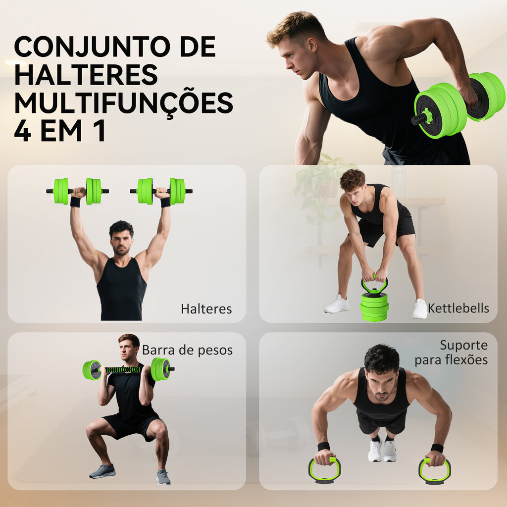Conjunto de Halteres 20kg 4 em 1 Conjunto de Pesos com Kettlebell Barra de Pesos para Treino de Força em Casa Ginásio Escritório Verde — foto 4
