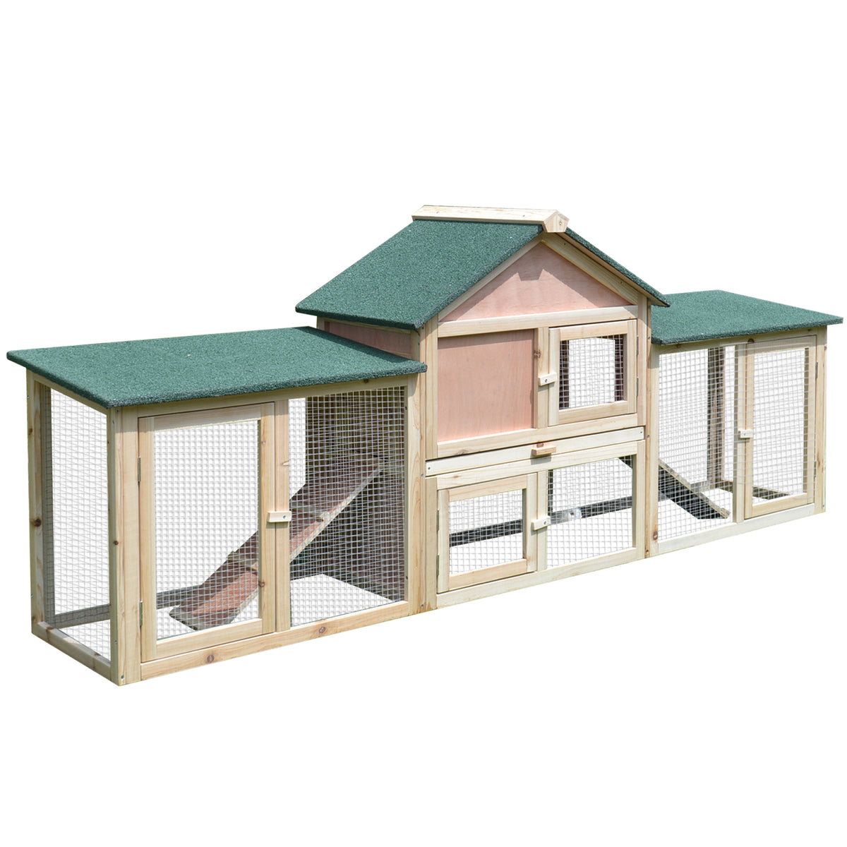 Coelheira de Exterior Grande Gaiola de Madeira para 2-4 Coelhos com Teto Asfáltico Recinto de Arame Bandeja Removível e Rampas 210x45,5x84,5cm Natural — foto 1