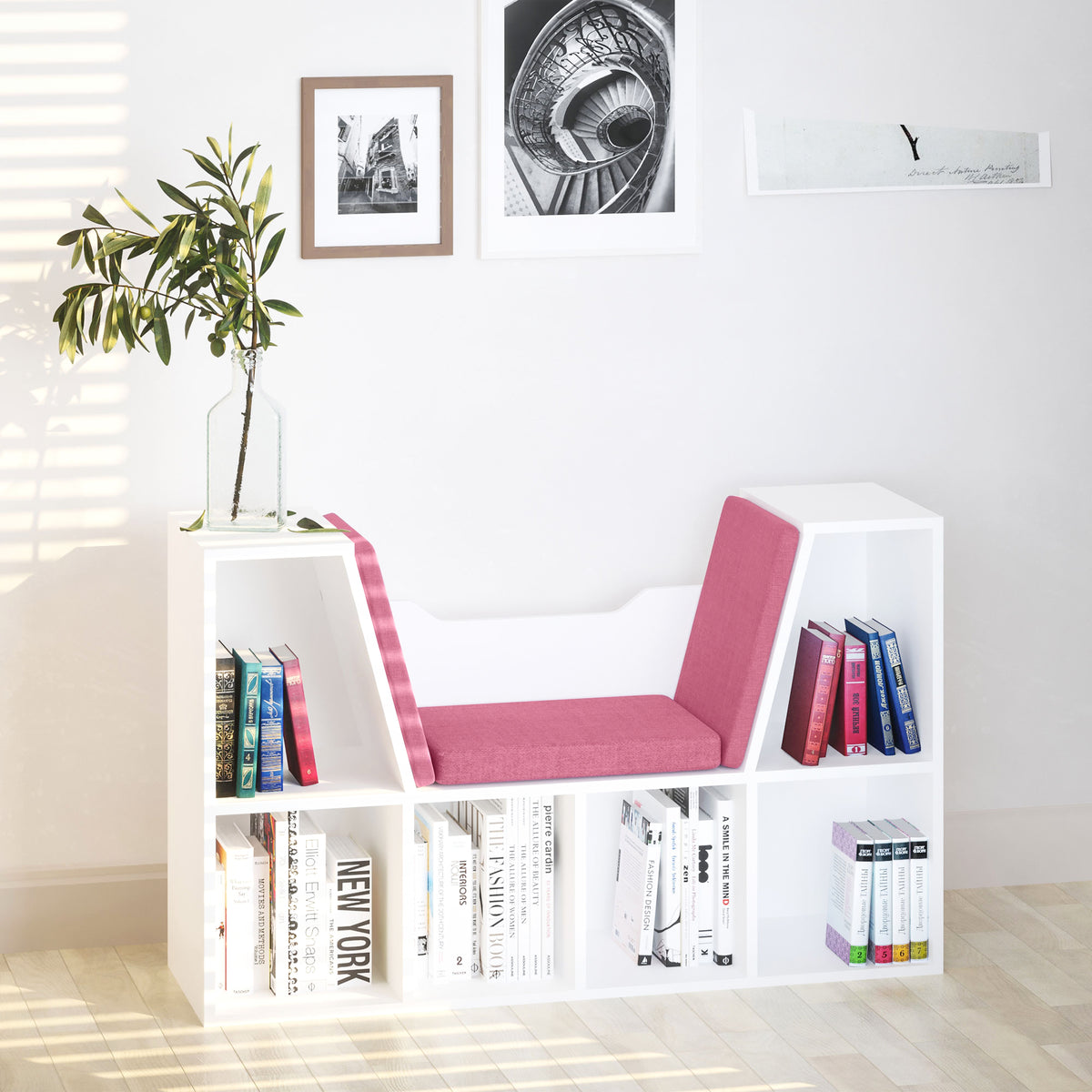 Estante Infantil com Assento Estante com 6 Cubos e Banco com Almofada 102x30x61cm Branco e Rosa — foto 2