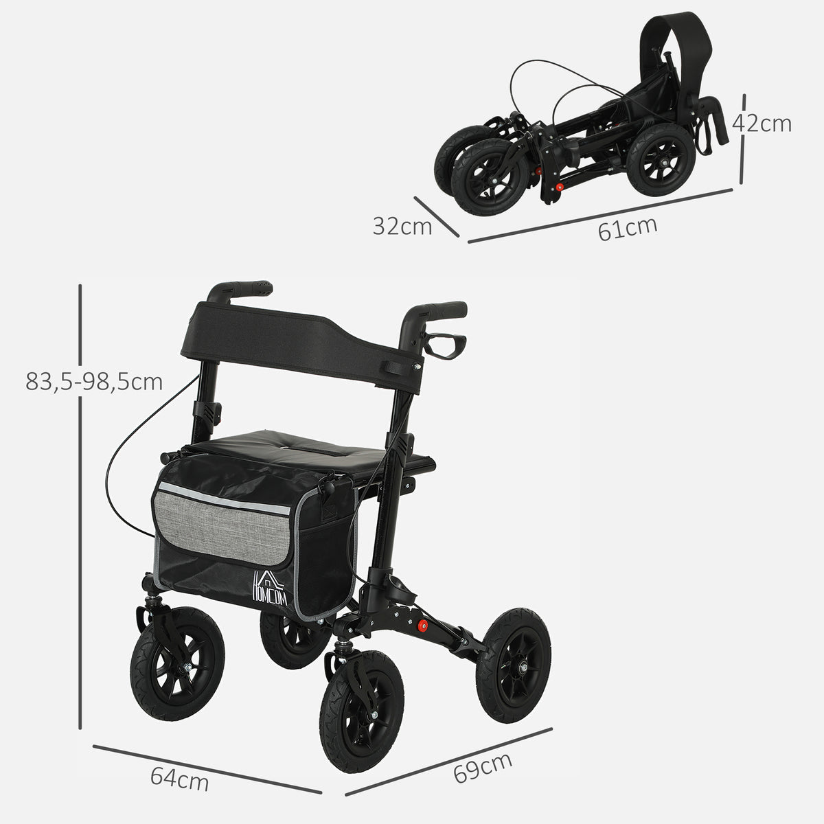 Andador 4 rodas dobrável, rollator em alumínio leve, assento acolchoado, encosto, punho ajustável, 69x64x98,5cm preto — foto 2