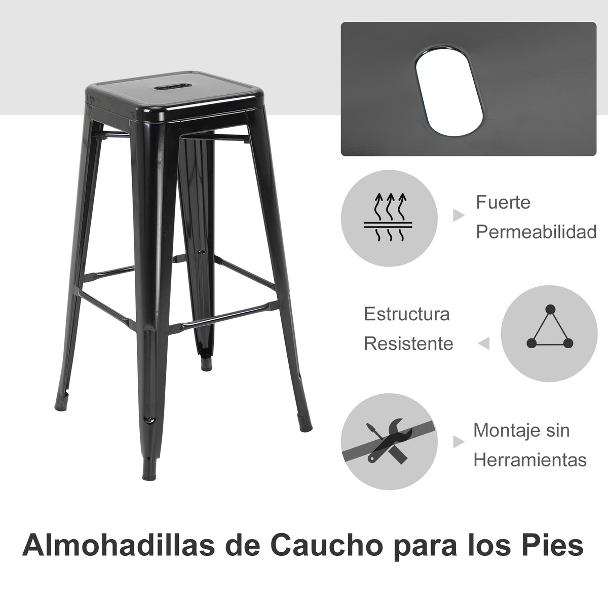 Conjunto de 4 Bancos de Bar Empilháveis Estilo Industrial com Apoios para Pés, Adequados para Interiores e Exteriores 43x43x76 cm Carga até 120 kg Cor Preto — foto 5