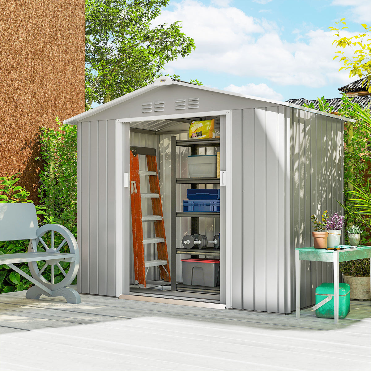 Abrigo de Jardim 2,42 m 213x130x185 cm Abrigo de Jardim Metálico de Exterior para Armazenamento de Ferramentas com 2 Portas Deslizantes e 4 Janelas para Terraço Cinza Claro — foto 2