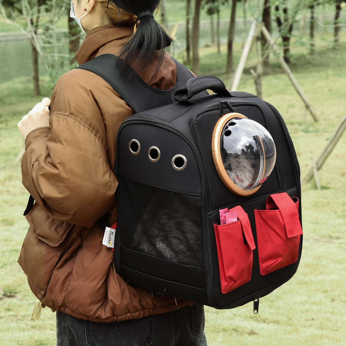 Mochila com Visor para Gatos Mochila de Transporte para Animais de Estimação Dobrável 38x24x38 cm Preto e Vermelho — foto 2