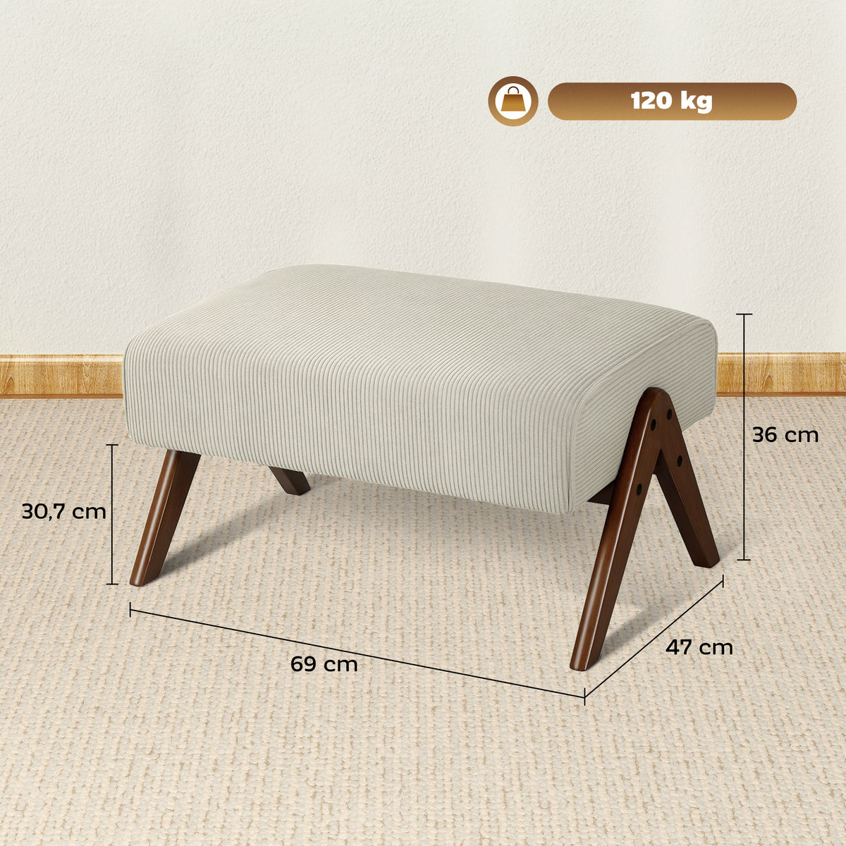 Apoio para Pés para Sala Banco Baixo Estofado em Veludo Otomana Retangular com Assento Almofadado e Pés de Madeira para Sala de Estar Quarto 69x47x36 cm Bege — foto 3
