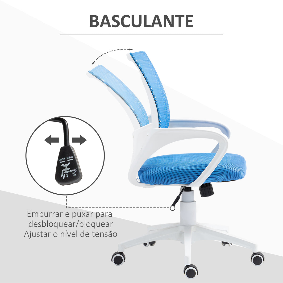 Cadeira de Escritório de Malha Cadeira de Escritório Giratória com Altura Ajustável Função Basculante e Apoio para os Braços Cadeira de Estúdio Carga 120 kg 57x55x89-109 cm Azul — foto 5