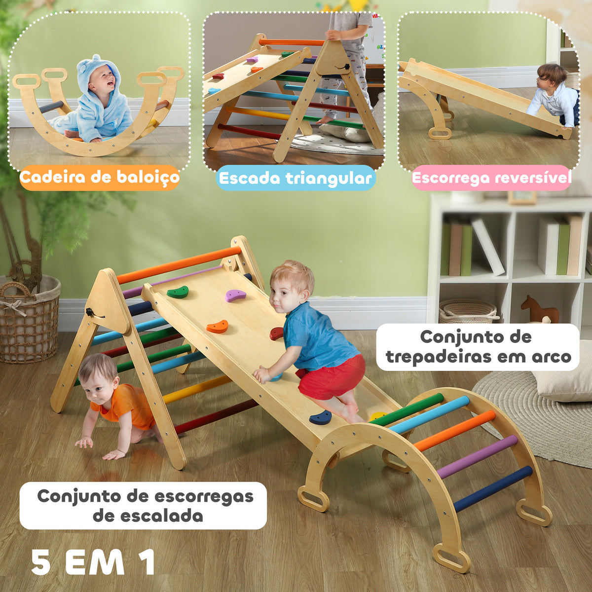 Triângulo de Escalada de Madeira 5 em 1 Escada para Crianças de 18-48 Meses com Rampa e Arco de Escalada para Deslizar ou Escalar 178x64,5x63 cm Multicor — foto 4