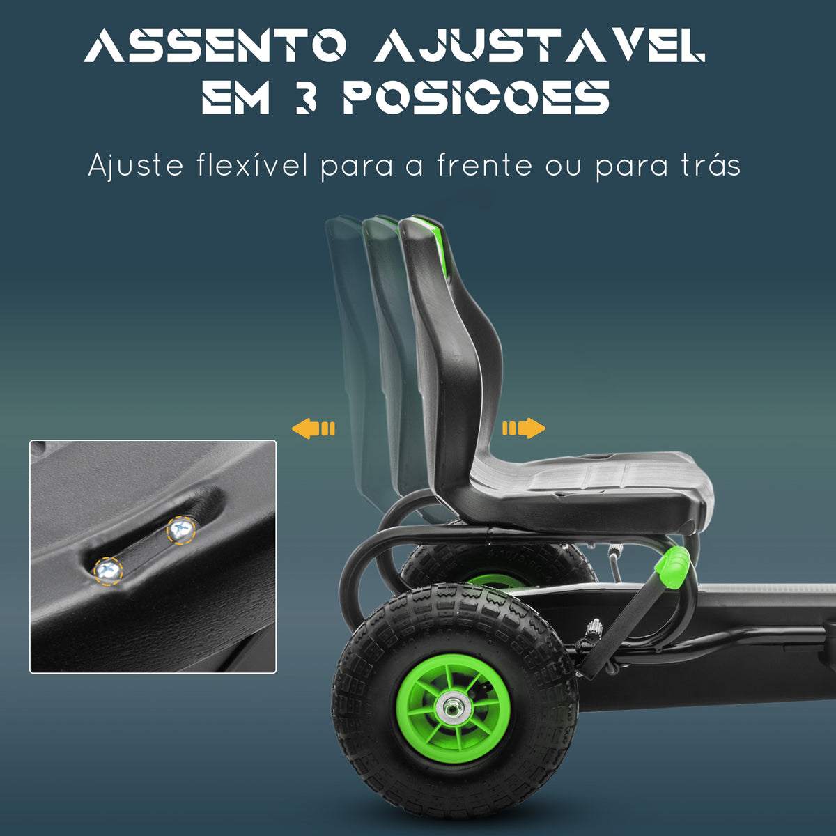 Kart a Pedais para Crianças 5-12 Anos Kart a Pedais Infantil com Assento Ajustável Pneus Insufláveis Amortecimento e Travão de Mão Carga Máx. 50kg 121x58x61 cm Verde — foto 4