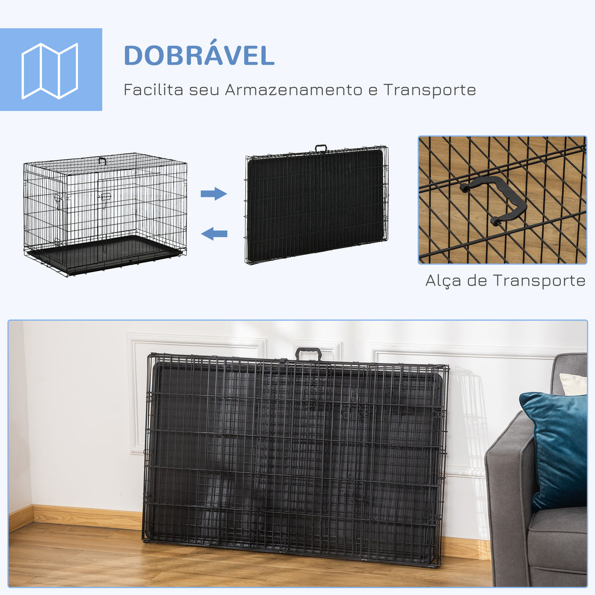 Jaula para Cães Dobrável com 2 Portas, Tabuleiro Removível, Pega e Estrutura de Aço 106x71,5x76 cm Preto — foto 4