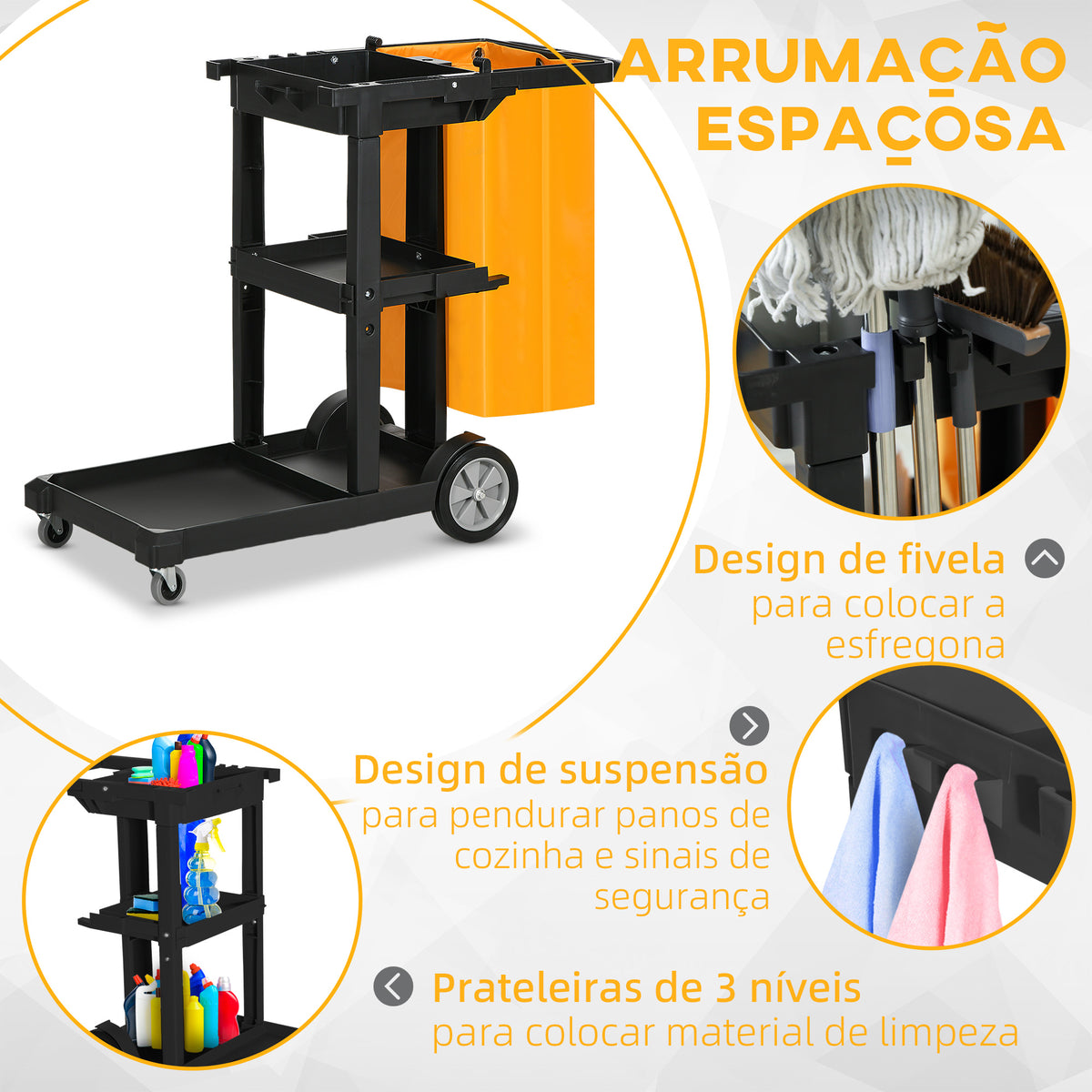 Carro de Limpeza com Bolsa Carrinho de Limpeza com Rodas e 3 Prateleiras Carro para Limpeza de Hotel 121x50,5x96,5 cm Preto e Amarelo — foto 4