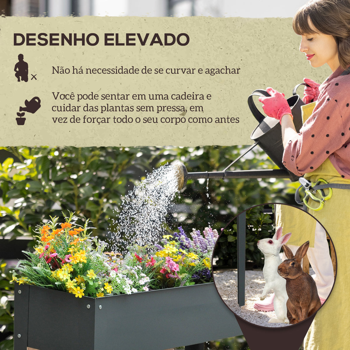 Horta Urbana Elevada para Jardim e Terraço, Floreira Retangular Elevada, Mesa de Cultivo para Plantas, Legumes e Flores com 3 Orifícios de Drenagem, 100x30x80 cm, Cinzento — foto 4