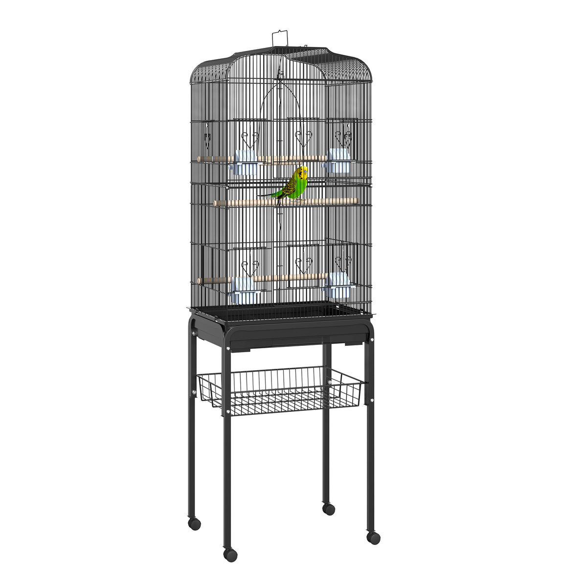 Gaiola para Pássaros Grande com Rodas, Prateleira de Armazenamento, Portas, 4 Comedouros, 3 Poleiros, Baloiço, Bandeja Removível e Pega, para Papagaio, Canário, Periquito, 47,5x37x153 cm, Preto — foto 1
