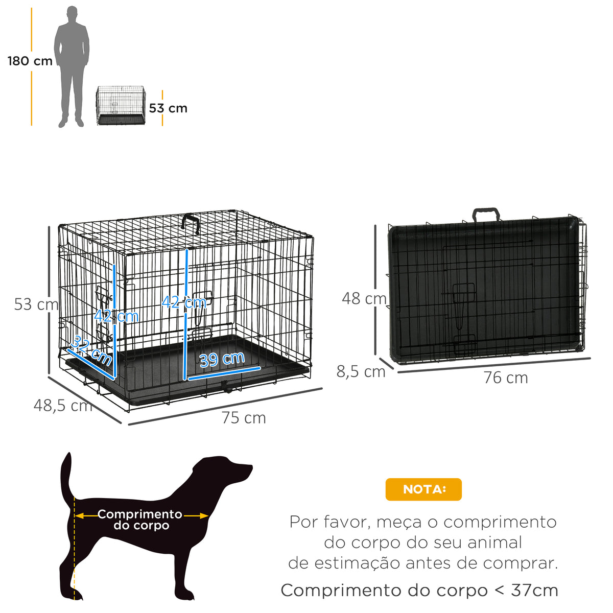 Gaiola para Cães com 2 Portas Gaiola para Animais de Estimação de Arame Dobrável com Alça de Transporte Aço 76x46x52cm Preto — foto 3