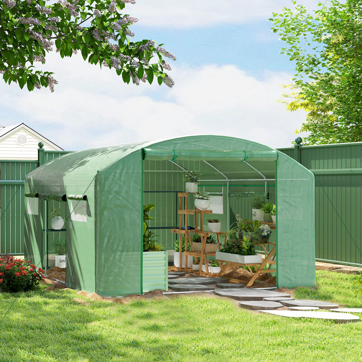 Estufa tipo Túnel 397x300x200 cm Estufa de Exterior com 4 Janelas de Malha Cobertura de PE Anti UV e 3 Portas Enroláveis com Fecho de Correr Estufa para Jardim Pátio Verde — foto 2
