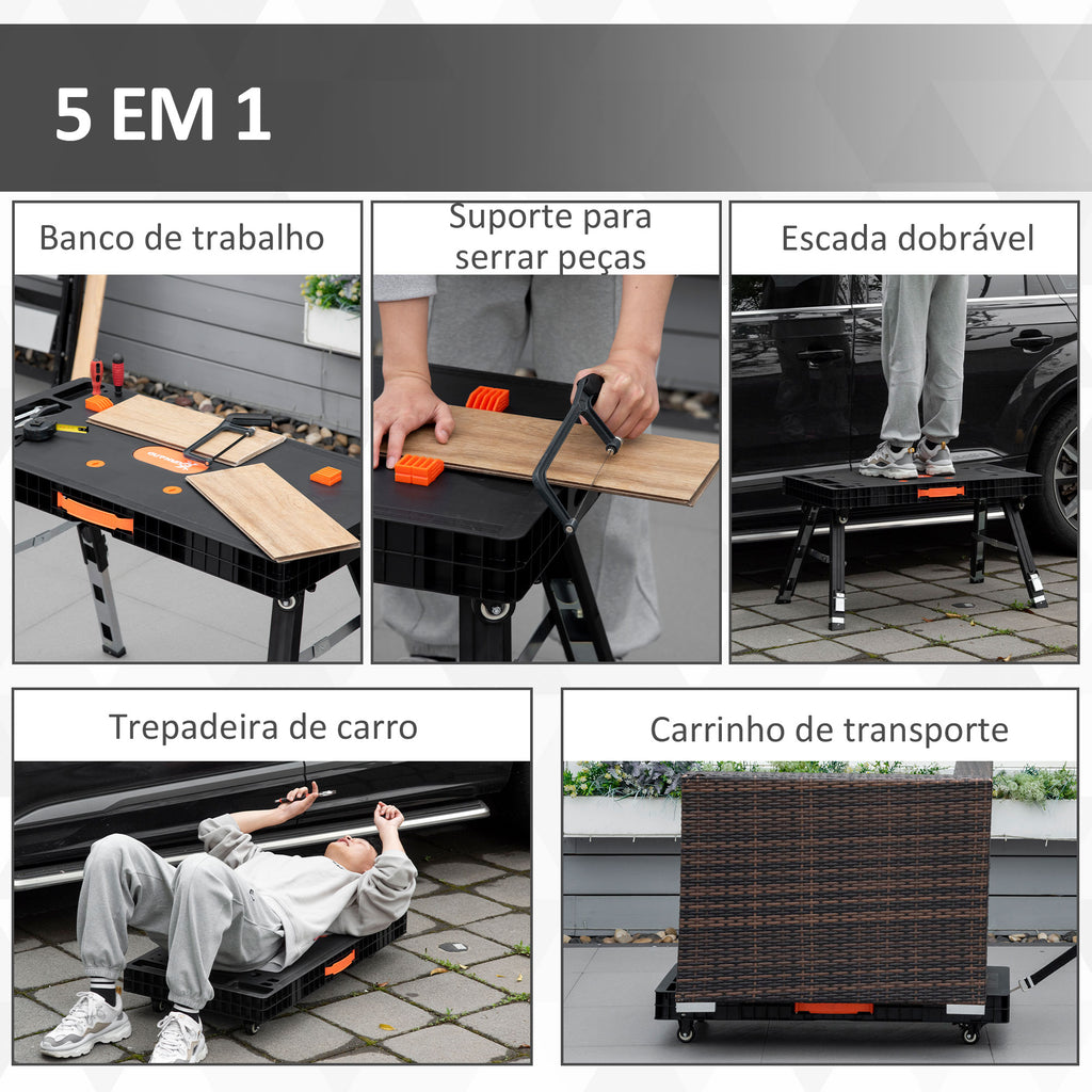 Bancada de Trabalho 5 em 1 Mesa de Trabalho com Altura Ajustável em 2 Níveis Pés Retráteis e 4 Rodas Carga Máxima 150kg para Oficina Garagem 105x74x80cm Preto — foto 4