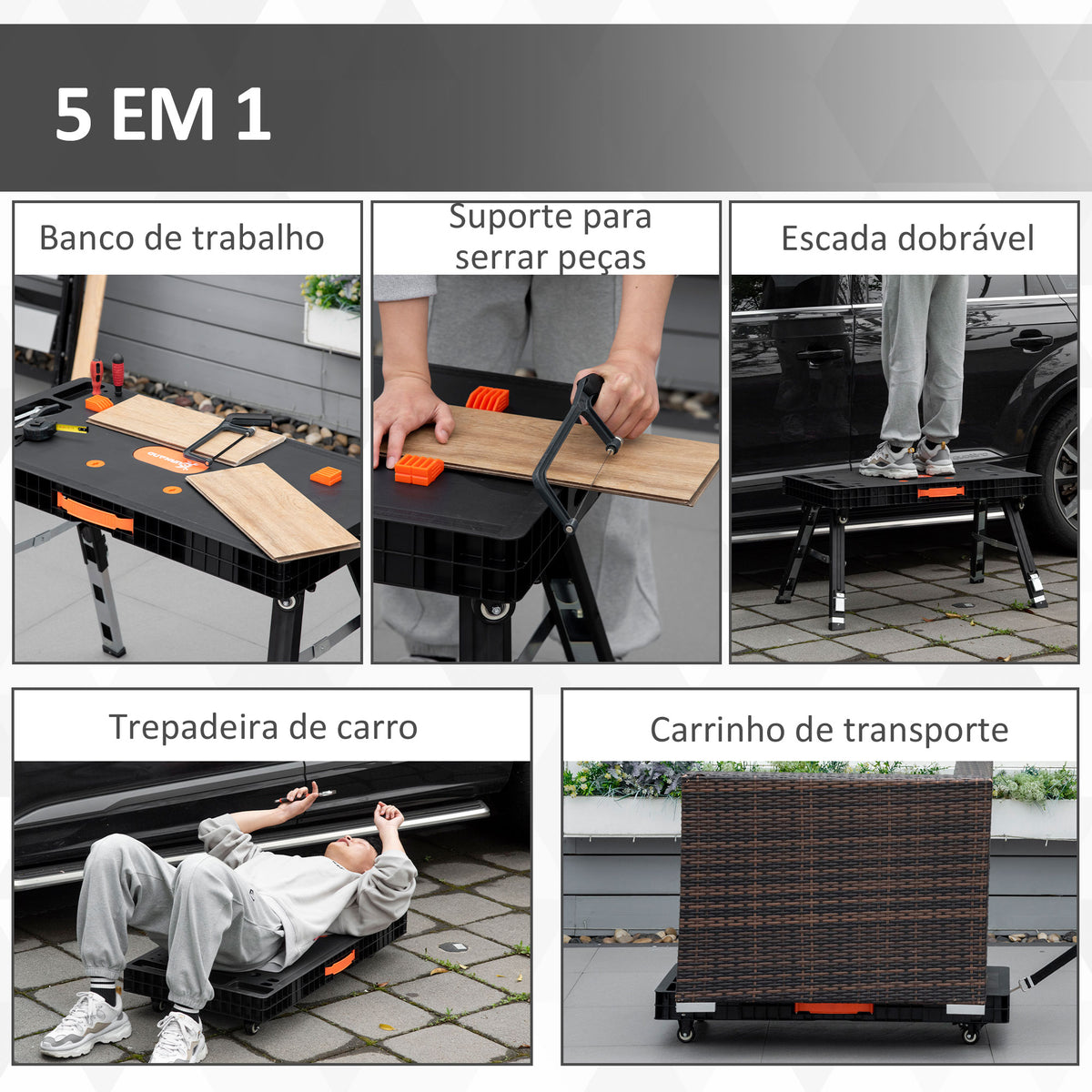 Bancada de Trabalho 5 em 1 Mesa de Trabalho com Altura Ajustável em 2 Níveis Pés Retráteis e 4 Rodas Carga Máxima 150kg para Oficina Garagem 105x74x80cm Preto — foto 4