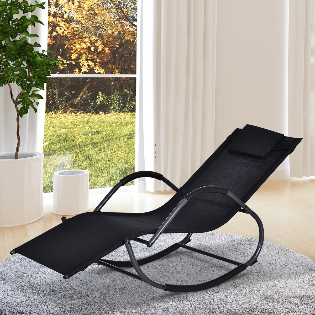 Espreguiçadeira Baloiço de Jardim com Apoio para os Braços Almofada para a Cabeça Removível Espreguiçadeira de Exterior com Tecido Transpirável para pátio Terraço 160x61x79cm Preto — foto 2