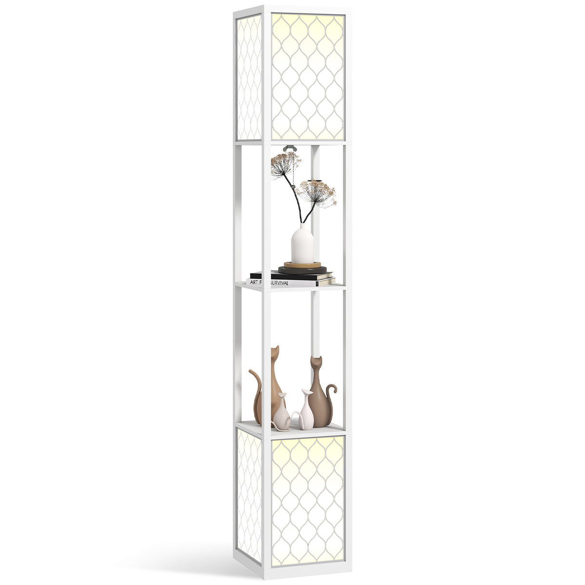 Candeeiro de Pé de Madeira Candeeiro de Pé com Estantes Lâmpada E27 Máx. 40W com Interruptor para Sala de Estar Dormitório Escritório 26x26x156 cm Branco — foto 1