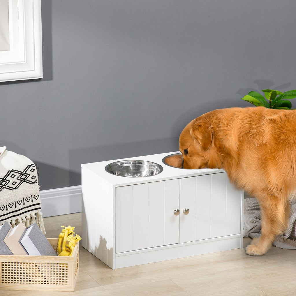 Comedouro Elevado para Cães Grandes com 2 Tigelas de 2000ml de Aço Inoxidável Comedouro para Cães com 2 Portas e Armazenamento Oculto 60x30x35,5cm Branco — foto 2