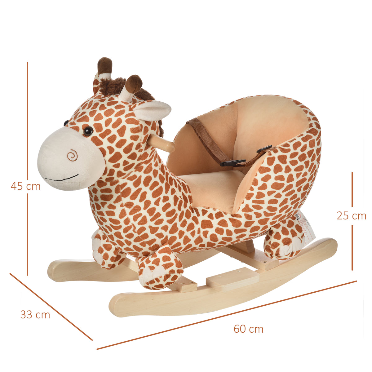Baloiço para Crianças acima de18 Meses Baloiço de Pelúcia em Madeira com 32 Canções Cinturão de Segurança Girafa de Pelúcia 60x33x45 cm Marrom Claro — foto 3