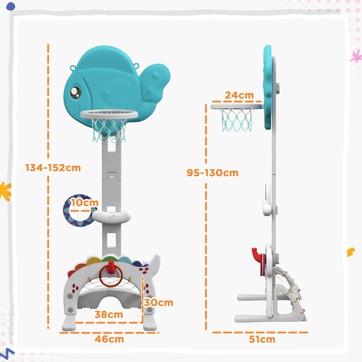 Cesta de Basquetebol Infantil 5 em 1 Cesta de Basquetebol para Crianças com Altura Ajustável com Tema Peixe Dourado Futebol Golf Jogo de Lançamento de Bola para Interior Multicolorido — foto 3