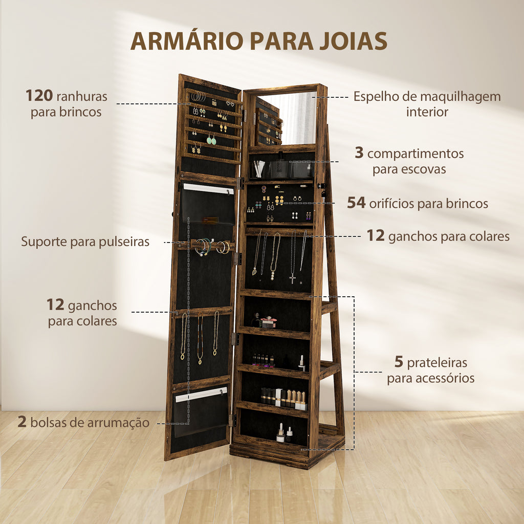 Joalheiro de Pé Armário para Jóias 360° Organizador de Jóias com Fechadura e Espelho Incorporado Carga Máxima 20 kg 38x38x160 cm Marrom Rústico — foto 5