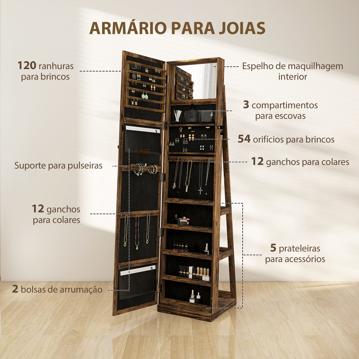 Joalheiro de Pé Armário para Jóias 360° Organizador de Jóias com Fechadura e Espelho Incorporado Carga Máxima 20 kg 38x38x160 cm Marrom Rústico — foto 5