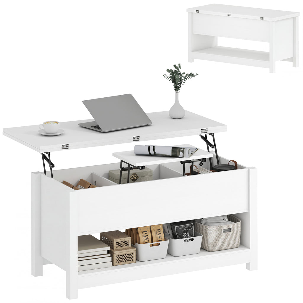 Mesa de Centro Elevatória e Extensível com Compartimentos Ocultos e Prateleira Aberta para Sala de Estar Escritório 100x90x64 cm Branco — foto 1